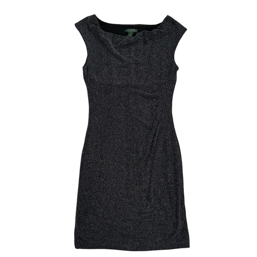 LAUREN RALPH LAUREN Charcoal Metallic Shimmer Cowl Neck Sheath Cocktail Dress 12